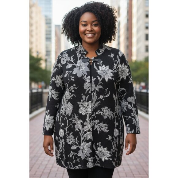 Cynthia Rowley Cardigan Sweater Black Floral Jacquard Viscose Blend Size 3X - Picture 1 of 7
